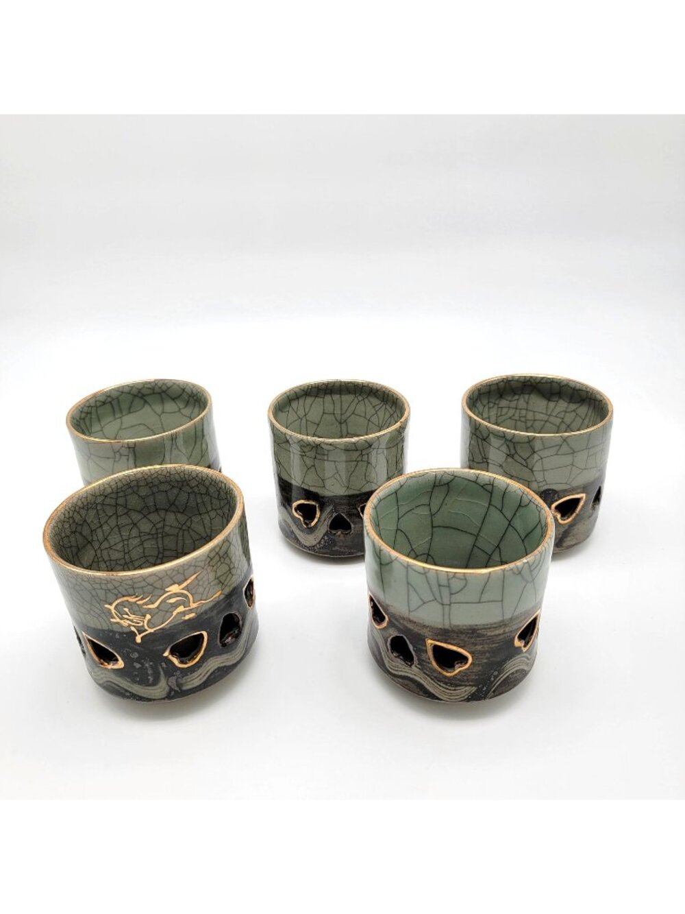Vintage Somayaki Soma Ware Double Wall Tea Cups Set Of 5 Japanese Green Crackle